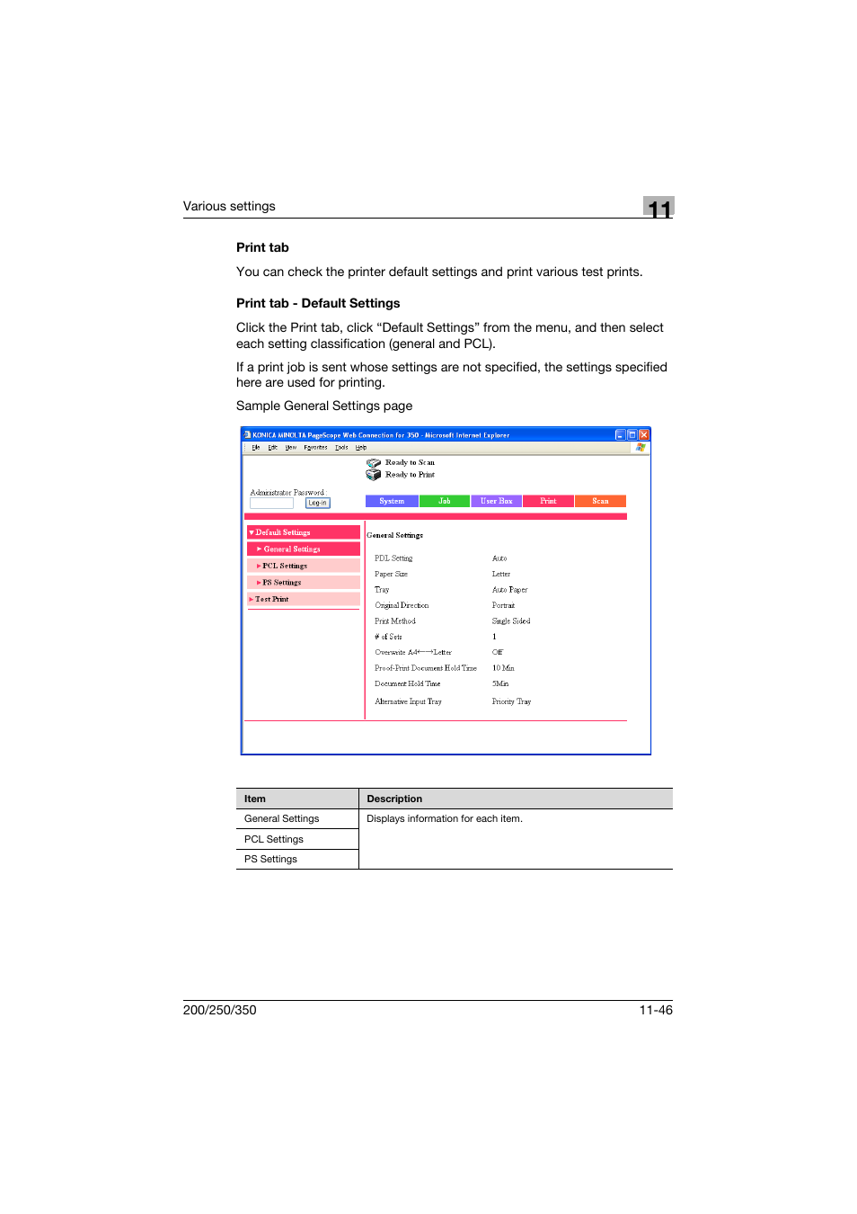 Print tab, Print tab - default settings, Print tab -46 print tab - default settings -46 | Konica Minolta bizhub 200 User Manual | Page 313 / 382
