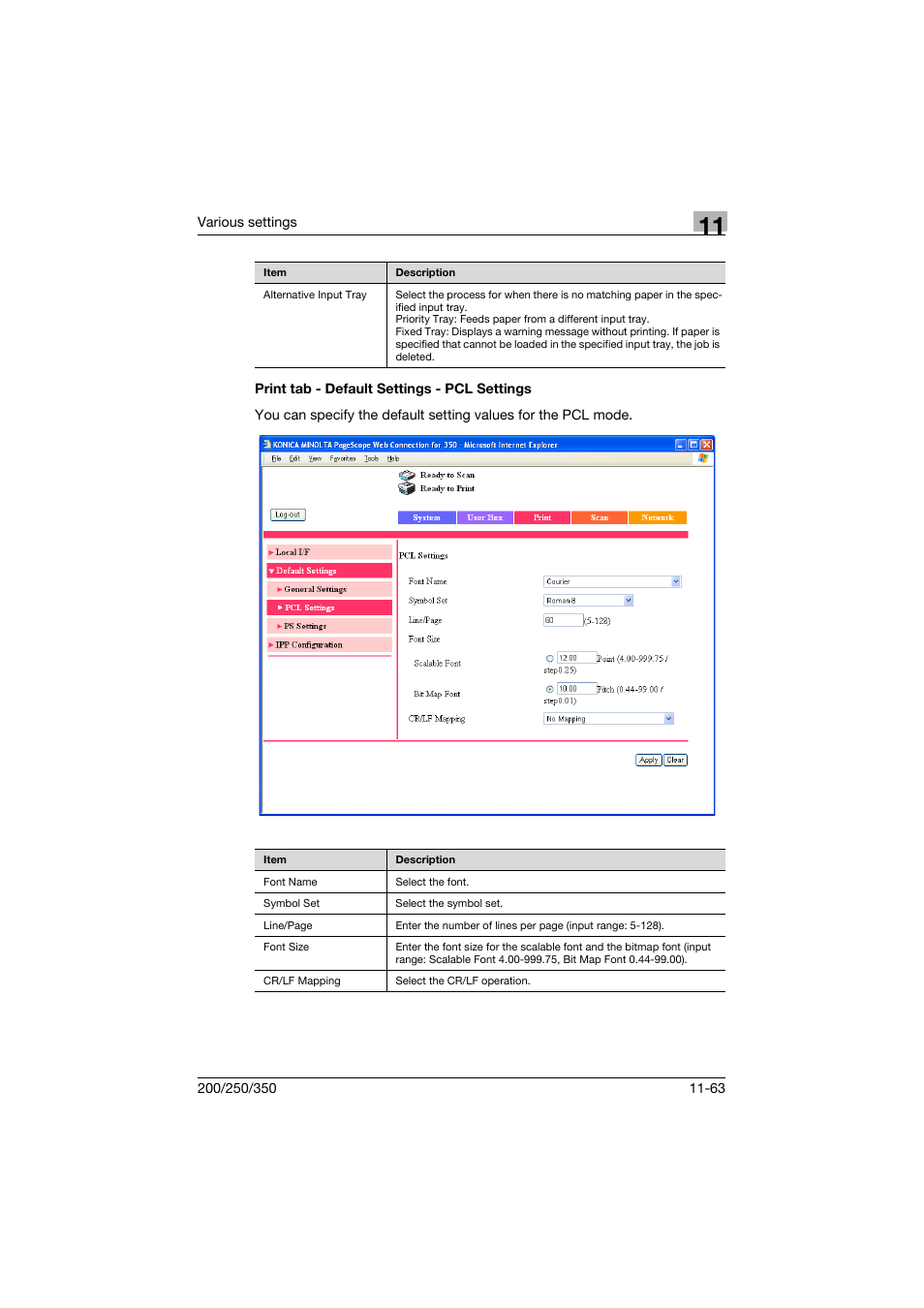 Print tab - default settings - pcl settings, Print tab - default settings - pcl settings -63 | Konica Minolta bizhub 200 User Manual | Page 330 / 382
