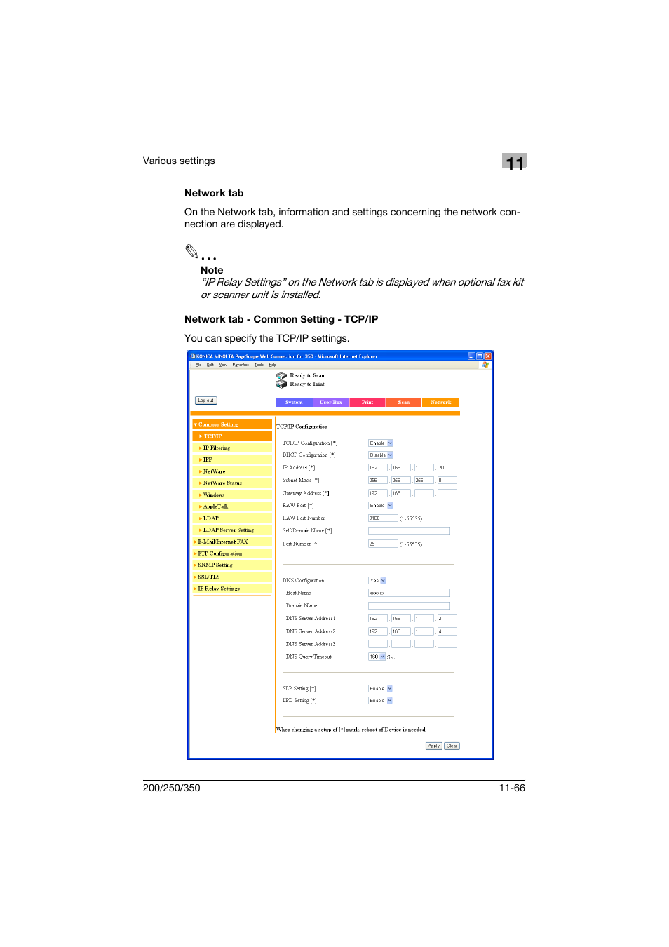 Network tab, Network tab - common setting - tcp/ip | Konica Minolta bizhub 200 User Manual | Page 333 / 382