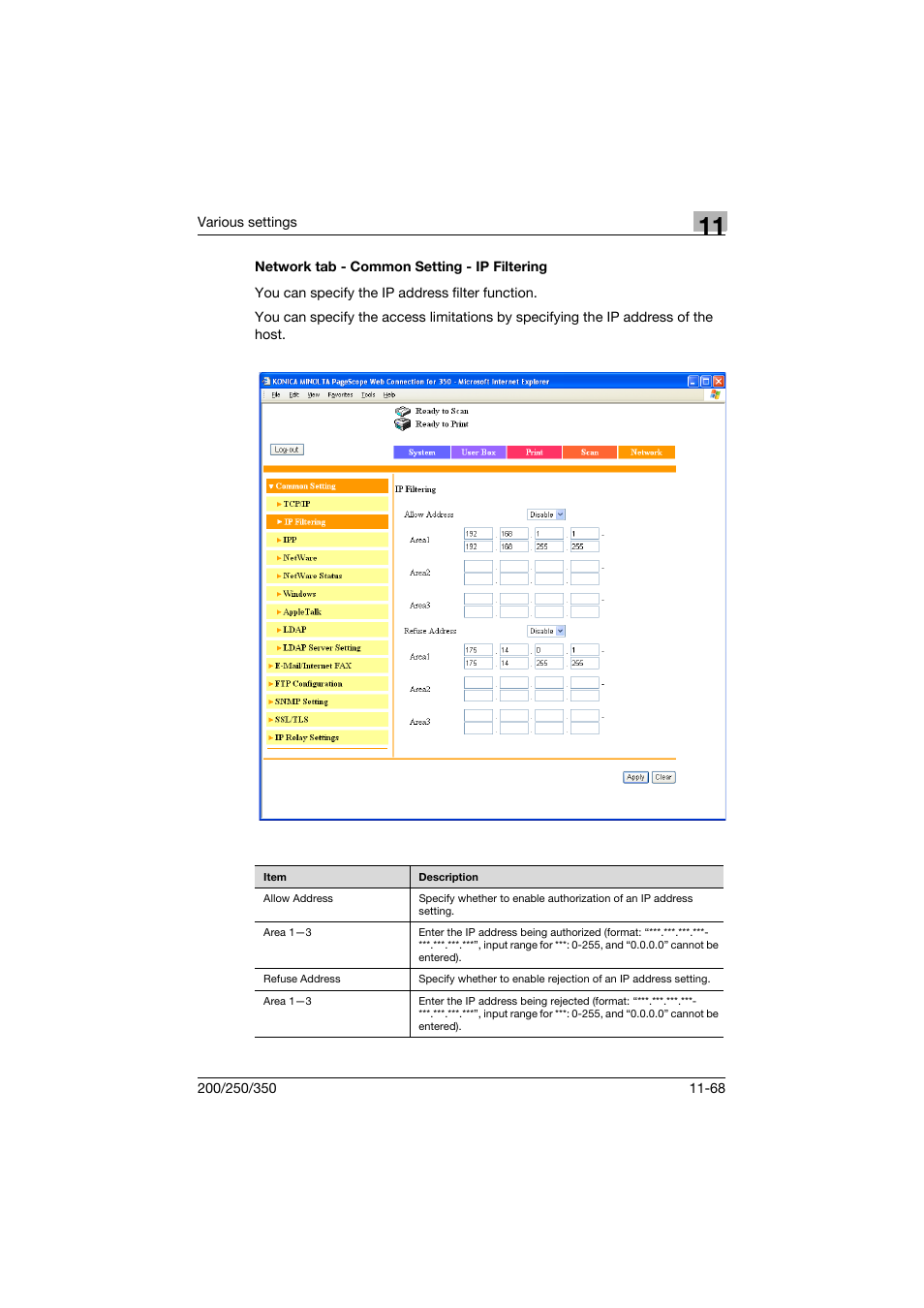 Network tab - common setting - ip filtering, Network tab - common setting - ip filtering -68 | Konica Minolta bizhub 200 User Manual | Page 335 / 382