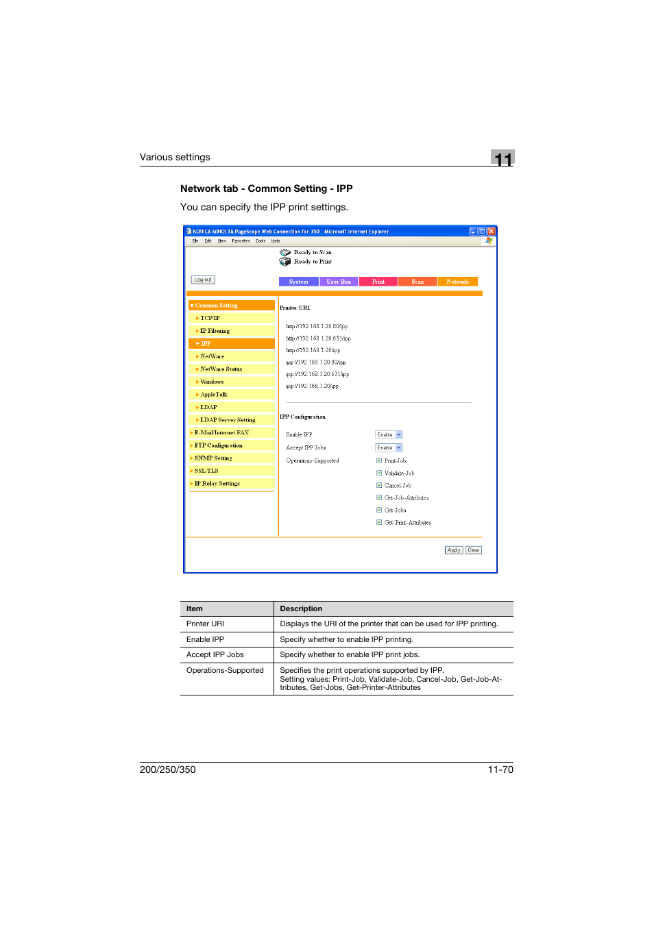 Network tab - common setting - ipp, Network tab - common setting - ipp -70 | Konica Minolta bizhub 200 User Manual | Page 337 / 382
