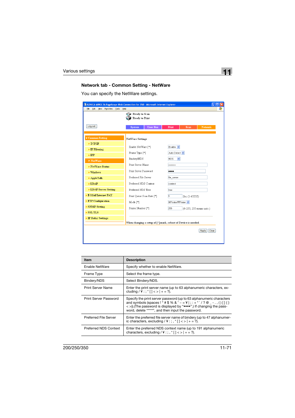 Network tab - common setting - netware, Network tab - common setting - netware -71 | Konica Minolta bizhub 200 User Manual | Page 338 / 382