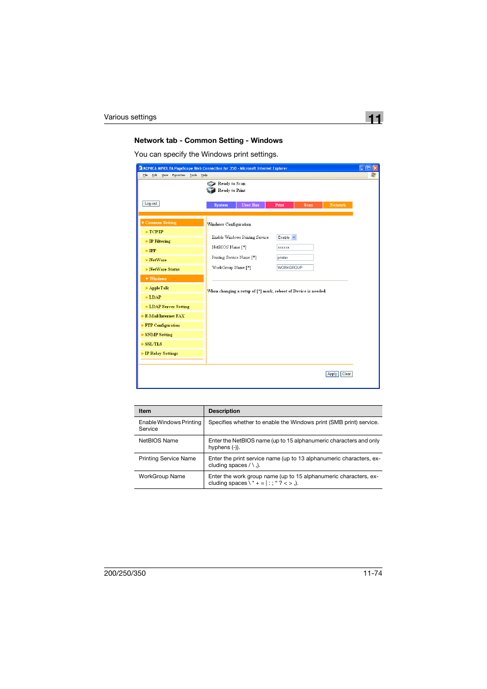 Network tab - common setting - windows, Network tab - common setting - windows -74 | Konica Minolta bizhub 200 User Manual | Page 341 / 382