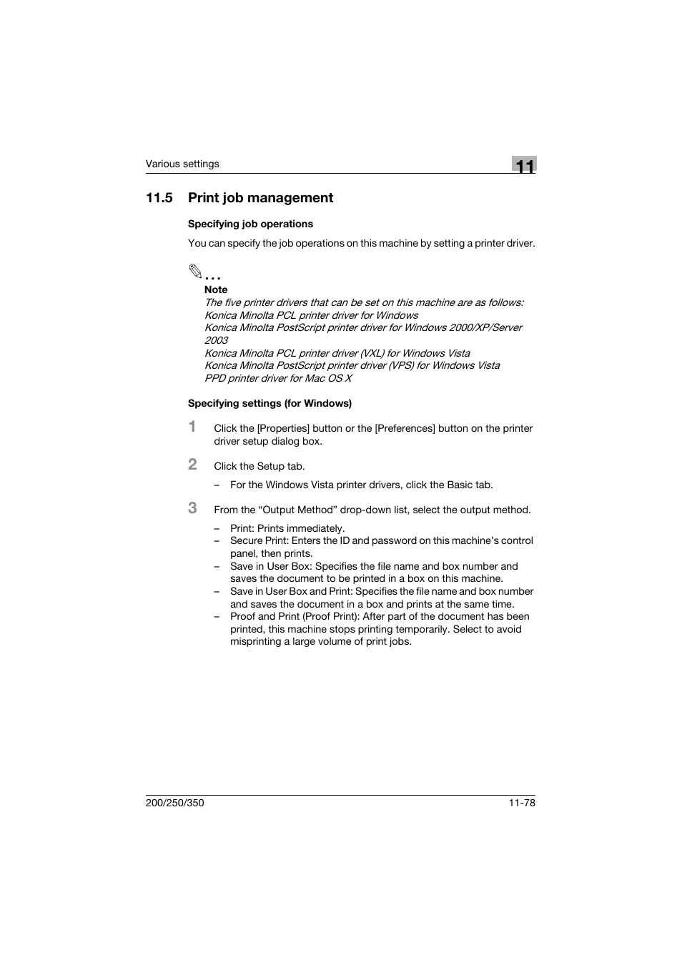 5 print job management, Specifying job operations, Specifying settings (for windows) | Print job management -78 | Konica Minolta bizhub 200 User Manual | Page 345 / 382