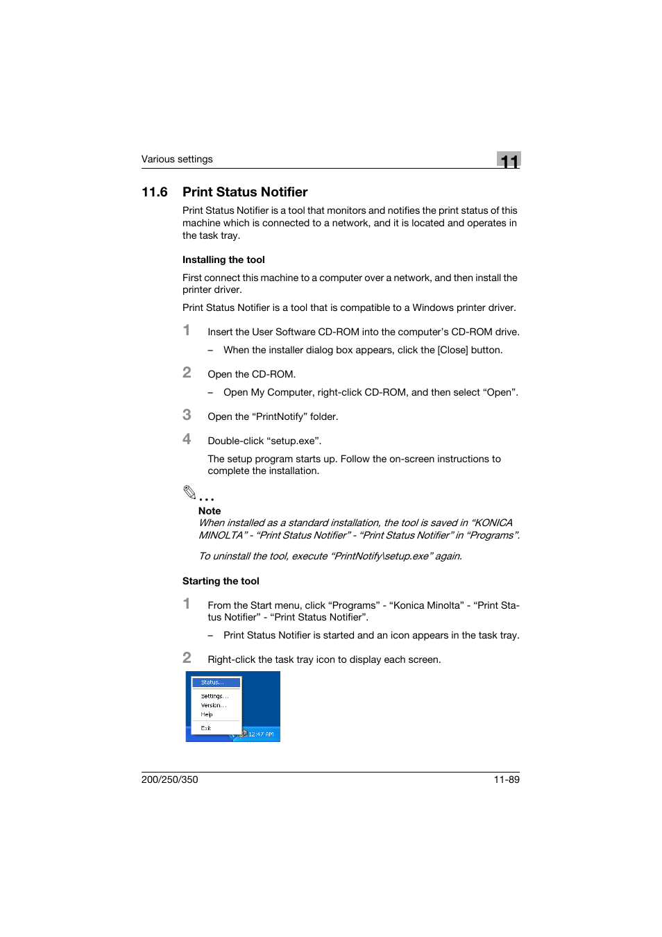 6 print status notifier, Installing the tool, Starting the tool | Print status notifier -89, Installing the tool -89 starting the tool -89 | Konica Minolta bizhub 200 User Manual | Page 356 / 382
