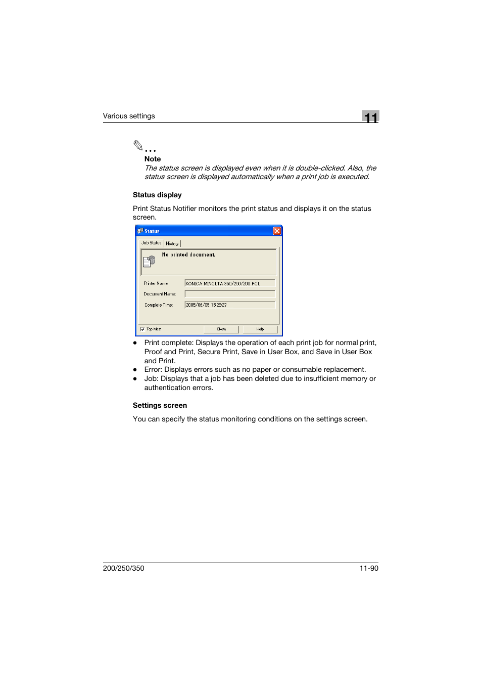 Status display, Settings screen, Status display -90 settings screen -90 | Konica Minolta bizhub 200 User Manual | Page 357 / 382