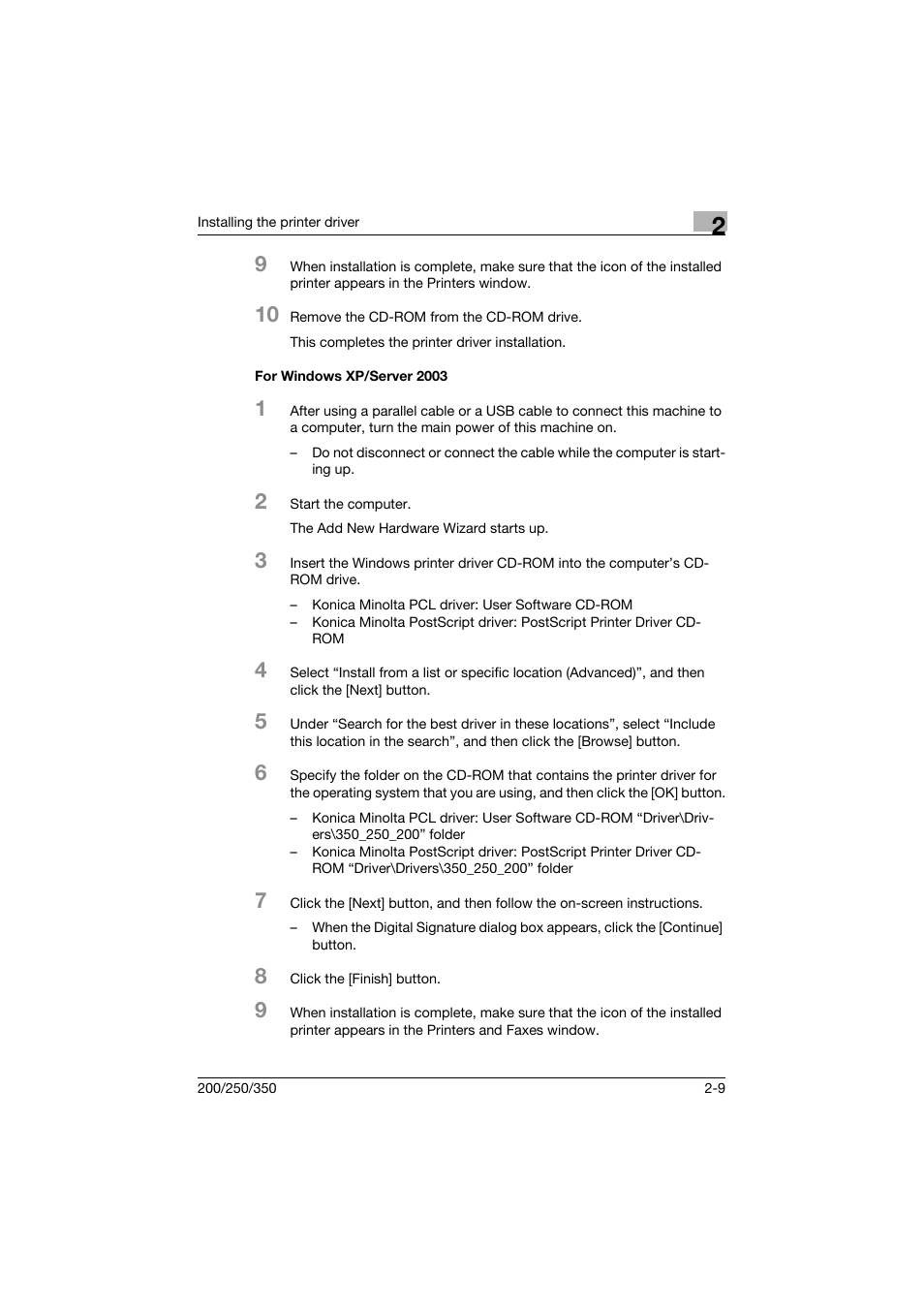 For windows xp/server 2003, For windows xp/server 2003 -9 | Konica Minolta bizhub 200 User Manual | Page 40 / 382