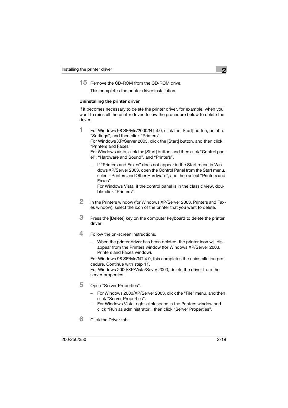 Uninstalling the printer driver, Uninstalling the printer driver -19 | Konica Minolta bizhub 200 User Manual | Page 50 / 382
