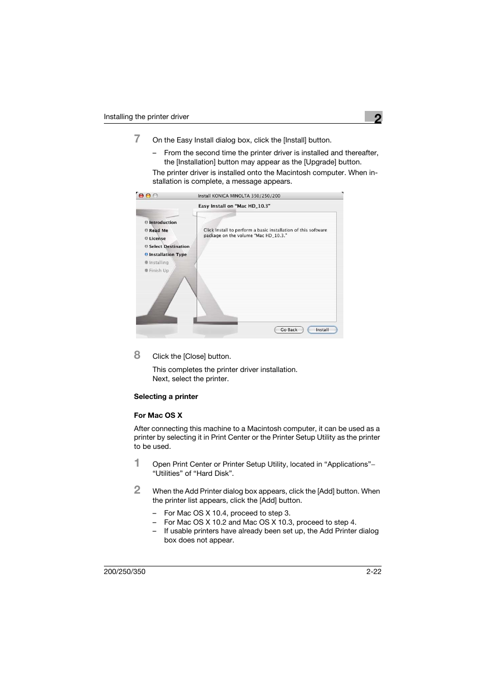 Selecting a printer, For mac os x, Selecting a printer -22 for mac os x -22 | Konica Minolta bizhub 200 User Manual | Page 53 / 382