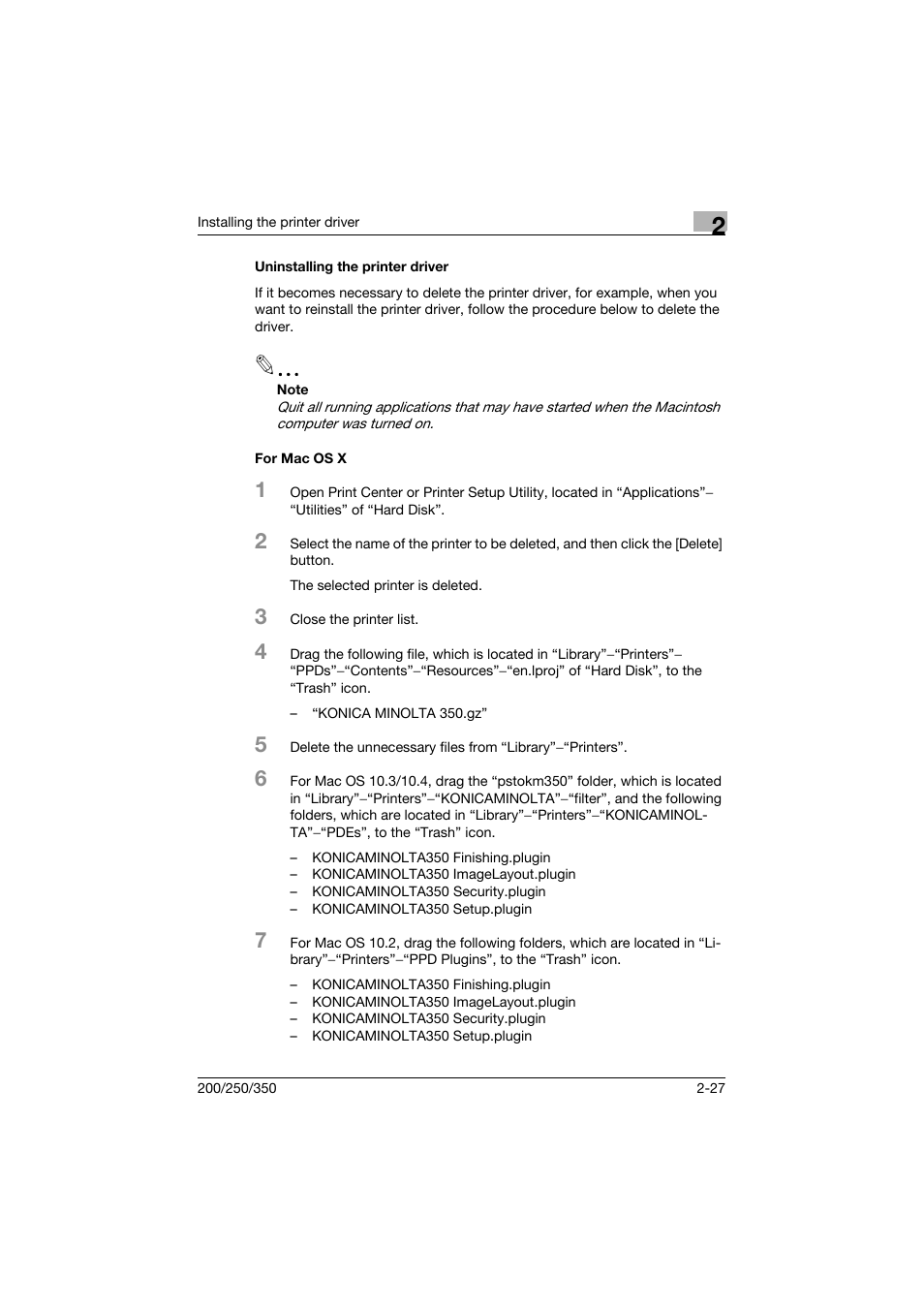 Uninstalling the printer driver, For mac os x | Konica Minolta bizhub 200 User Manual | Page 58 / 382