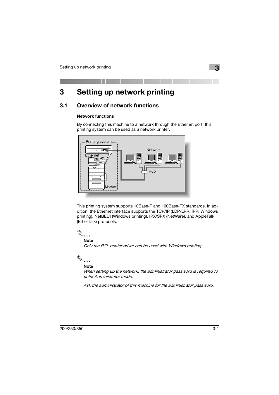 3 setting up network printing, 1 overview of network functions, Network functions | Setting up network printing, Overview of network functions -1, Network functions -1, 3setting up network printing | Konica Minolta bizhub 200 User Manual | Page 60 / 382