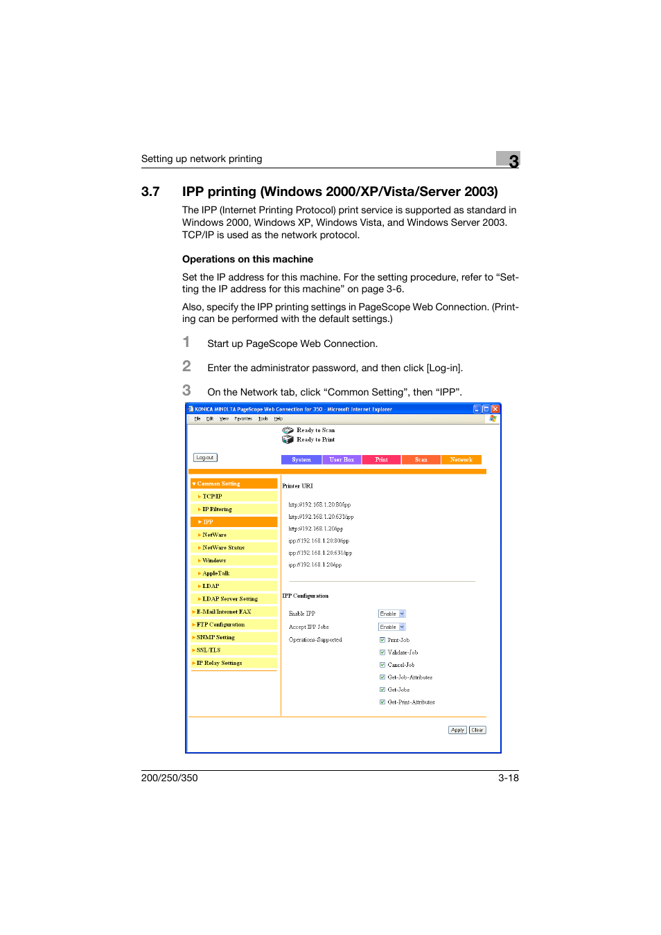 7 ipp printing (windows 2000/xp/vista/server 2003), Operations on this machine, Operations on this machine -18 | Konica Minolta bizhub 200 User Manual | Page 77 / 382