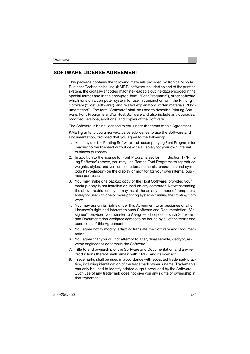Software license agreement | Konica Minolta bizhub 200 User Manual | Page 8 / 382