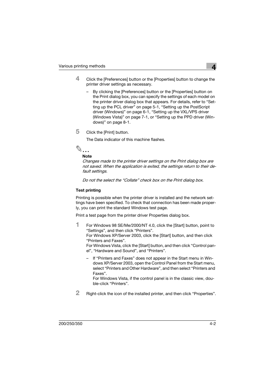 Test printing, Test printing -2 | Konica Minolta bizhub 200 User Manual | Page 97 / 382