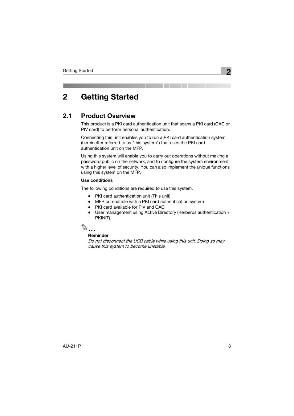 2 getting started, 1 product overview, Getting started | Product overview, 2getting started | Konica Minolta bizhub 364e User Manual | Page 9 / 72
