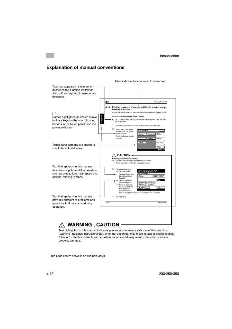 Explanation of manual conventions, Warning , caution | Konica Minolta bizhub 200 User Manual | Page 13 / 204