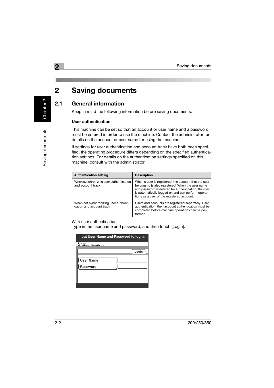2 saving documents, 1 general information, User authentication | Saving documents, General information -2, User authentication -2, 2saving documents | Konica Minolta bizhub 200 User Manual | Page 25 / 204