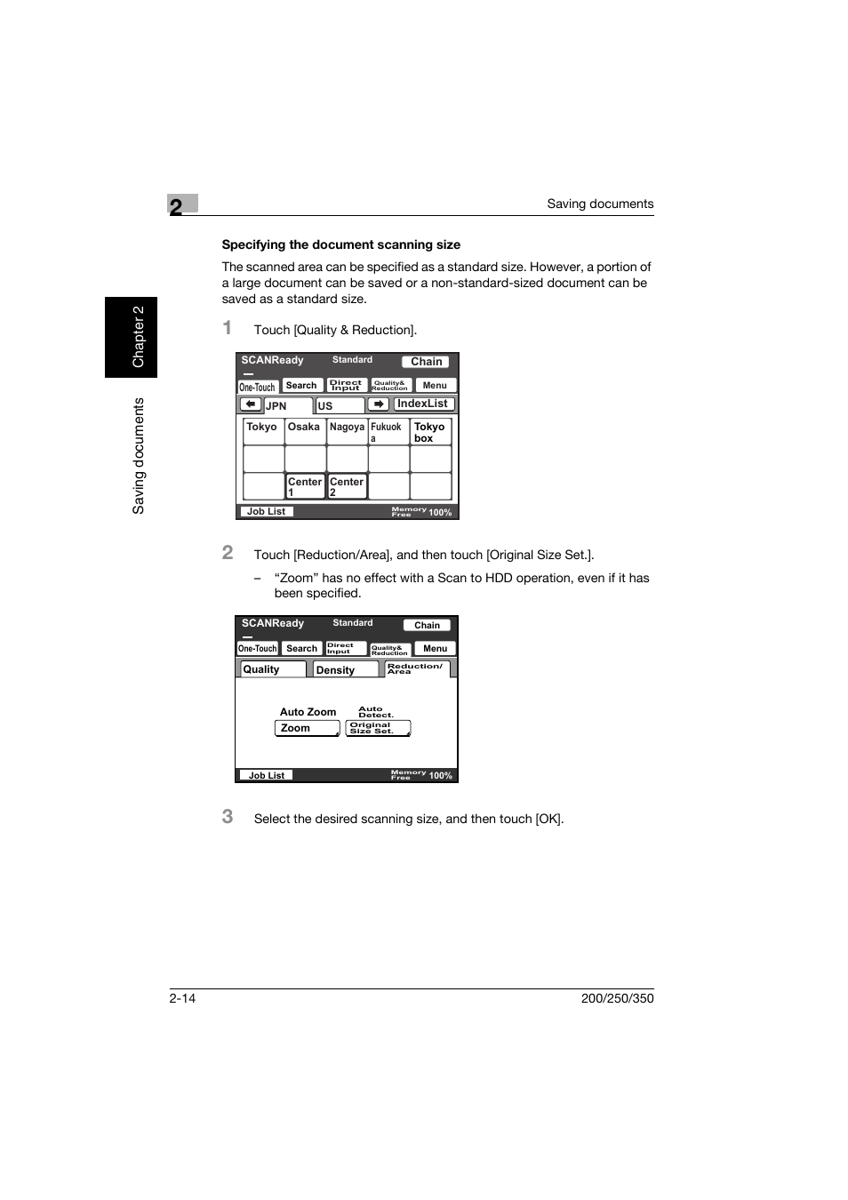 Specifying the document scanning size, Specifying the document scanning size -14 | Konica Minolta bizhub 200 User Manual | Page 37 / 204