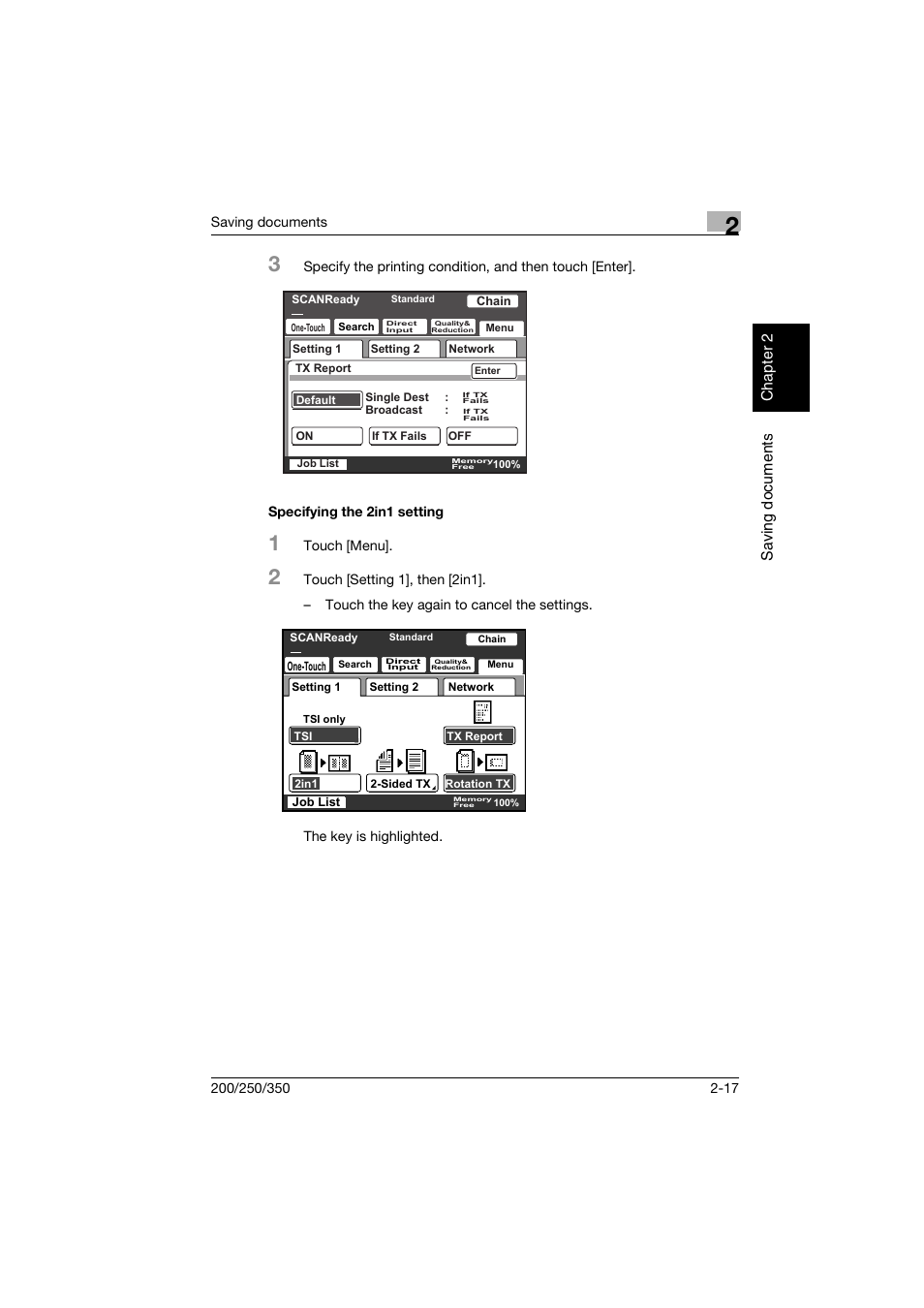 Specifying the 2in1 setting, Specifying the 2in1 setting -17, P. 2-17 | Konica Minolta bizhub 200 User Manual | Page 40 / 204