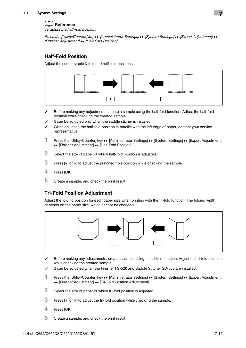 Half-fold position, Tri-fold position adjustment, P. 7-15 | Konica Minolta BIZHUB C652DS User Manual | Page 163 / 307