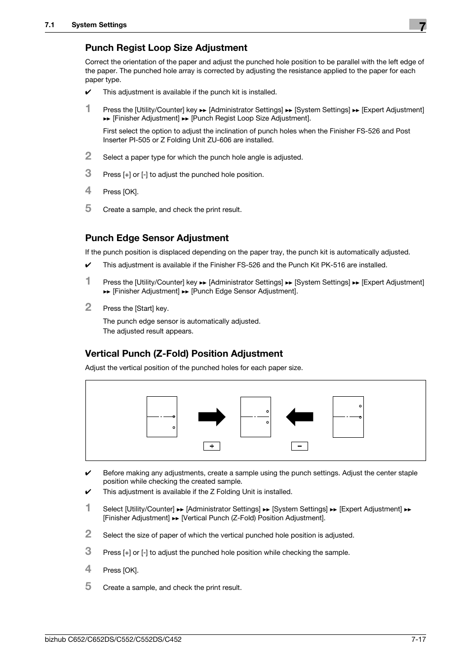Punch regist loop size adjustment, Punch edge sensor adjustment, Vertical punch (z-fold) position adjustment | P. 7-17 | Konica Minolta BIZHUB C652DS User Manual | Page 165 / 307
