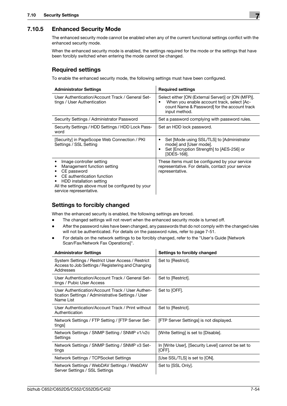 5 enhanced security mode, Required settings, Settings to forcibly changed | Konica Minolta BIZHUB C652DS User Manual | Page 202 / 307