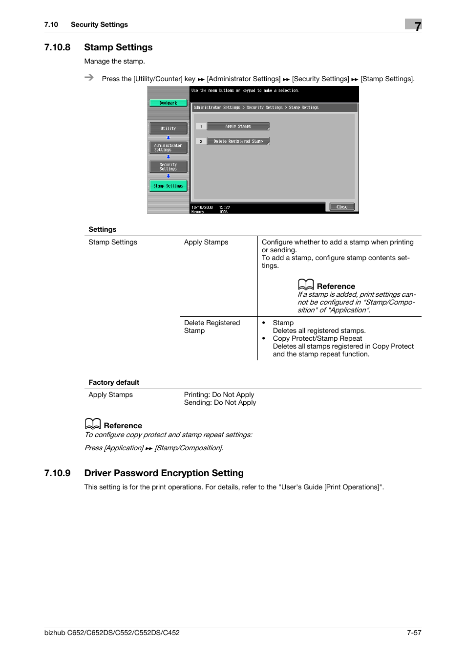 8 stamp settings, 9 driver password encryption setting, Stamp settings -57 | Driver password encryption setting -57 | Konica Minolta BIZHUB C652DS User Manual | Page 205 / 307