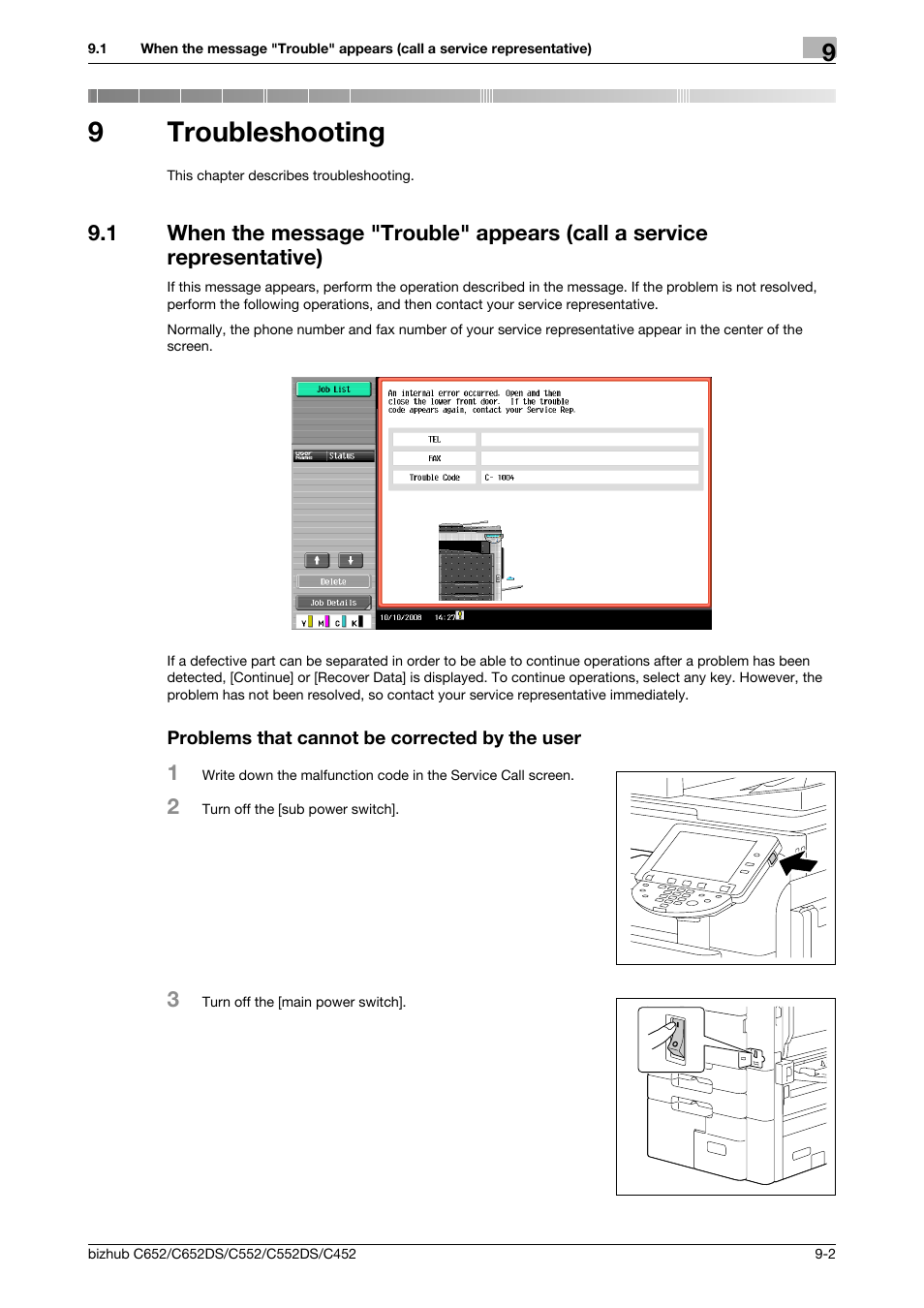 9 troubleshooting, Problems that cannot be corrected by the user, Troubleshooting | 9troubleshooting | Konica Minolta BIZHUB C652DS User Manual | Page 223 / 307