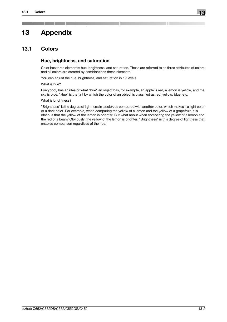 13 appendix, 1 colors, Hue, brightness, and saturation | Appendix, Colors -2 hue, brightness, and saturation -2 | Konica Minolta BIZHUB C652DS User Manual | Page 289 / 307