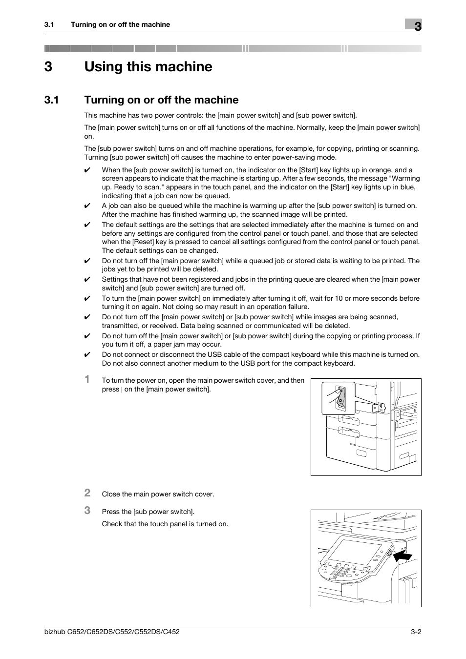 3 using this machine, 1 turning on or off the machine, Using this machine | Turning on or off the machine -2, 3using this machine | Konica Minolta BIZHUB C652DS User Manual | Page 40 / 307