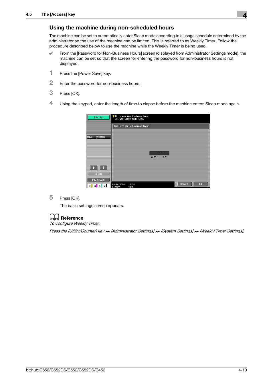 Using the machine during non-scheduled hours, Using the machine during non-scheduled hours -10 | Konica Minolta BIZHUB C652DS User Manual | Page 56 / 307
