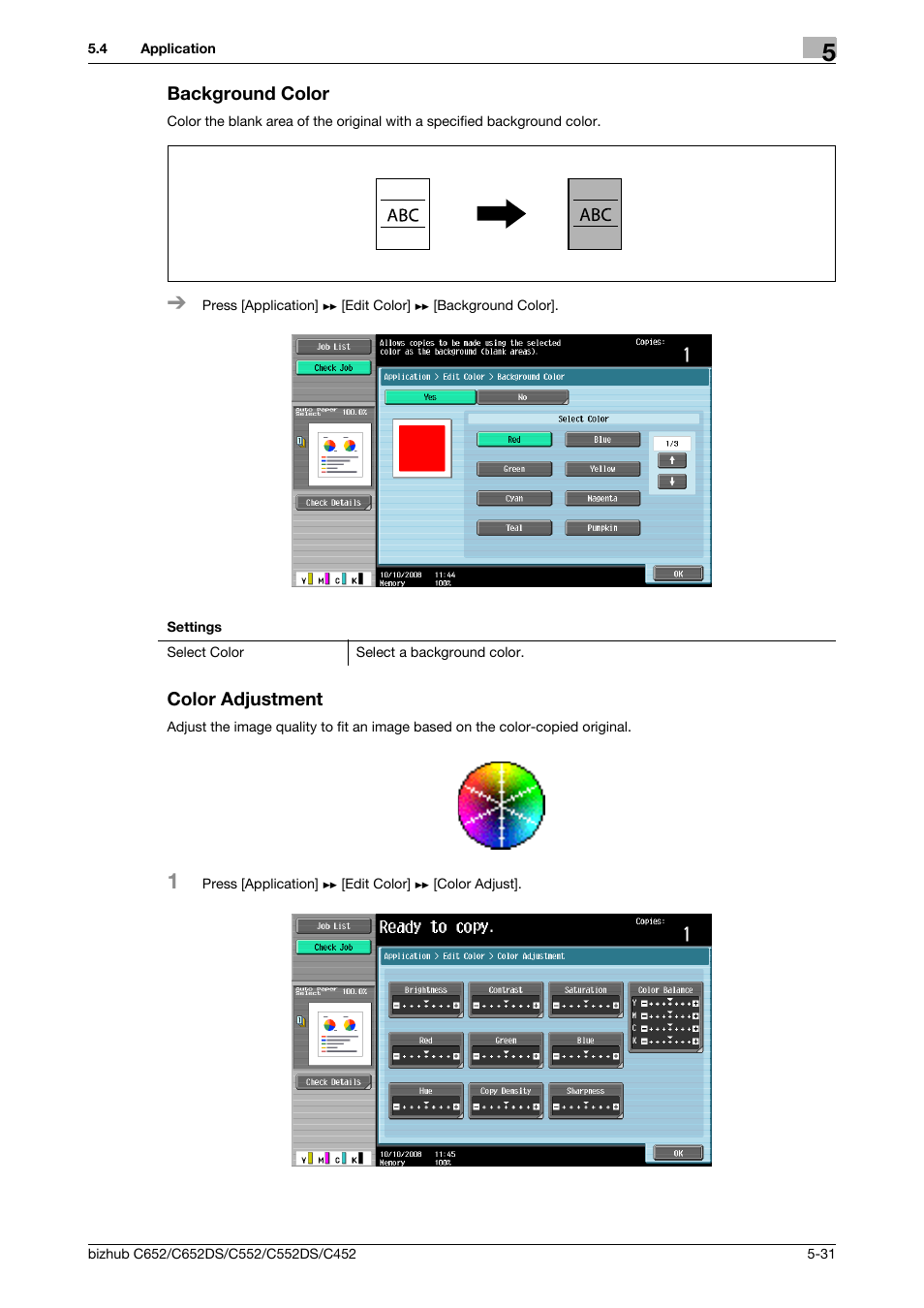 Background color, Color adjustment, Background color -31 color adjustment -31 | Konica Minolta BIZHUB C652DS User Manual | Page 97 / 307