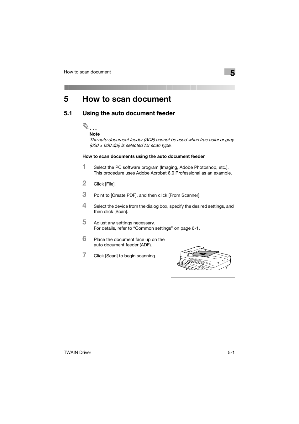 5 how to scan document, 1 using the auto document feeder, How to scan document | Using the auto document feeder -1, 5how to scan document | Konica Minolta bizhub 160 User Manual | Page 22 / 36
