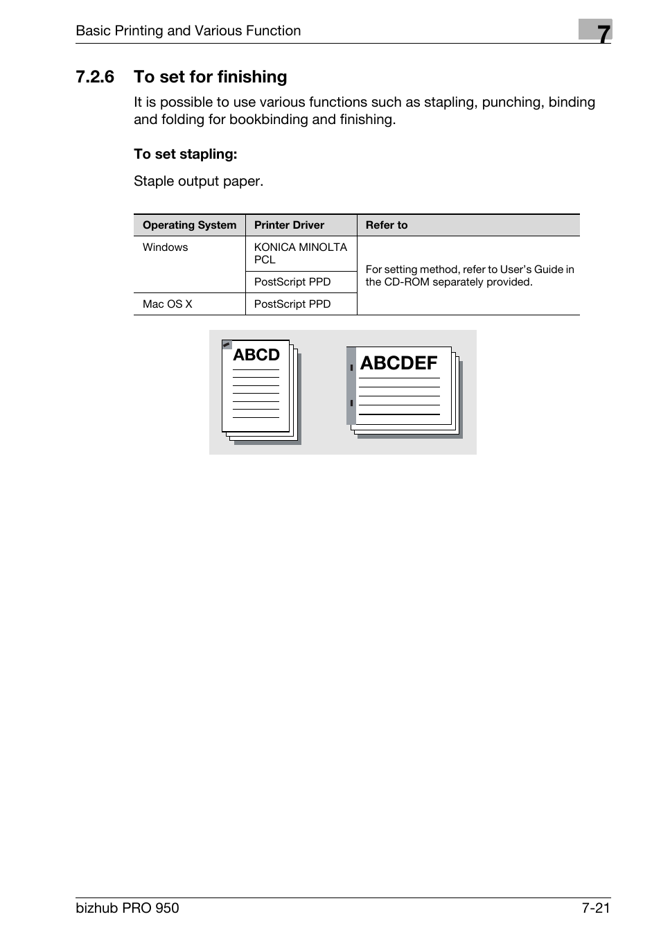 6 to set for finishing, To set stapling, To set for finishing -21 | Abcdef, Abcd | Konica Minolta bizhub PRO 950 User Manual | Page 106 / 122