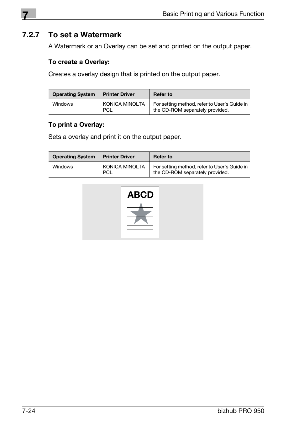 7 to set a watermark, To create a overlay, To print a overlay | To set a watermark -24, Abcd | Konica Minolta bizhub PRO 950 User Manual | Page 109 / 122