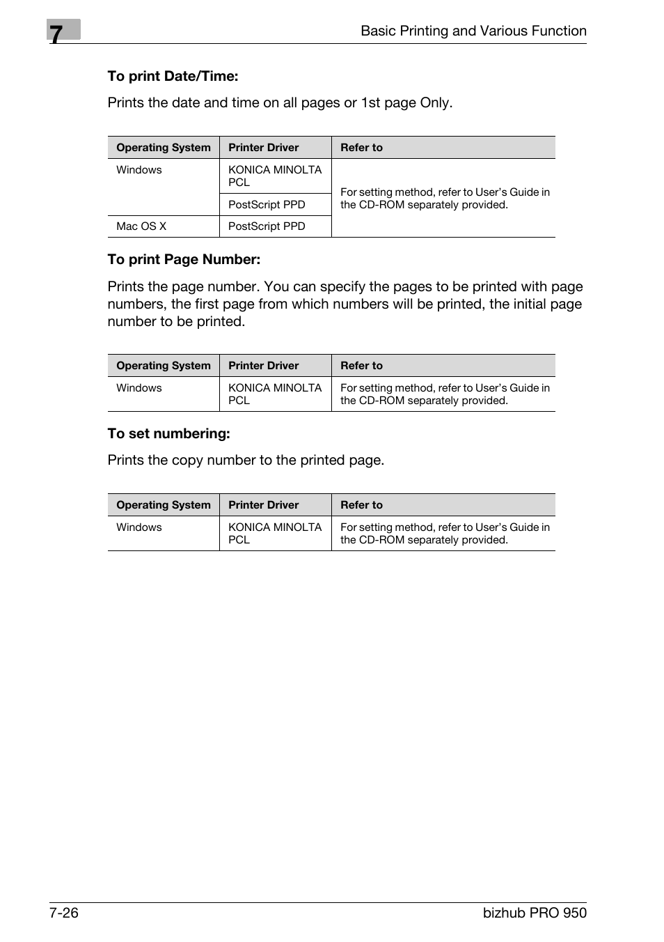 To print date/time, To set numbering | Konica Minolta bizhub PRO 950 User Manual | Page 111 / 122