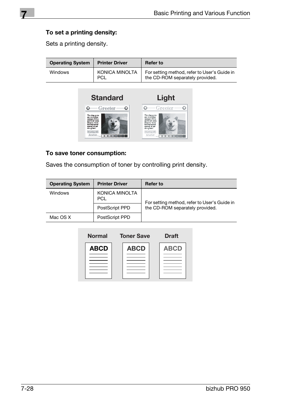 To set a printing density, To save toner consumption, Standard light | Konica Minolta bizhub PRO 950 User Manual | Page 113 / 122