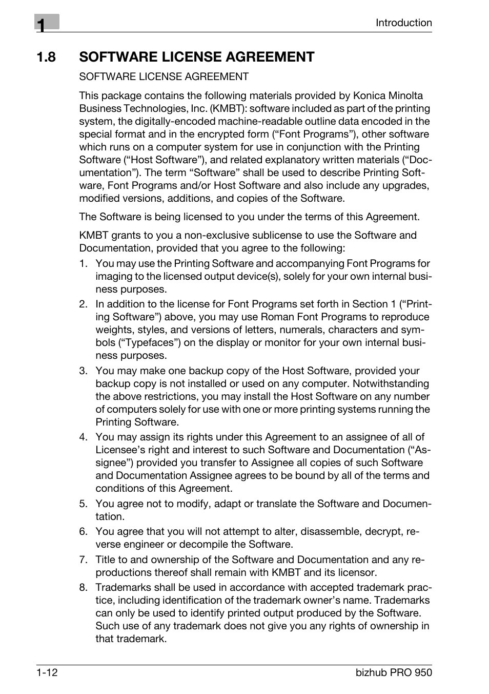 8 software license agreement, Software license agreement -12 | Konica Minolta bizhub PRO 950 User Manual | Page 17 / 122