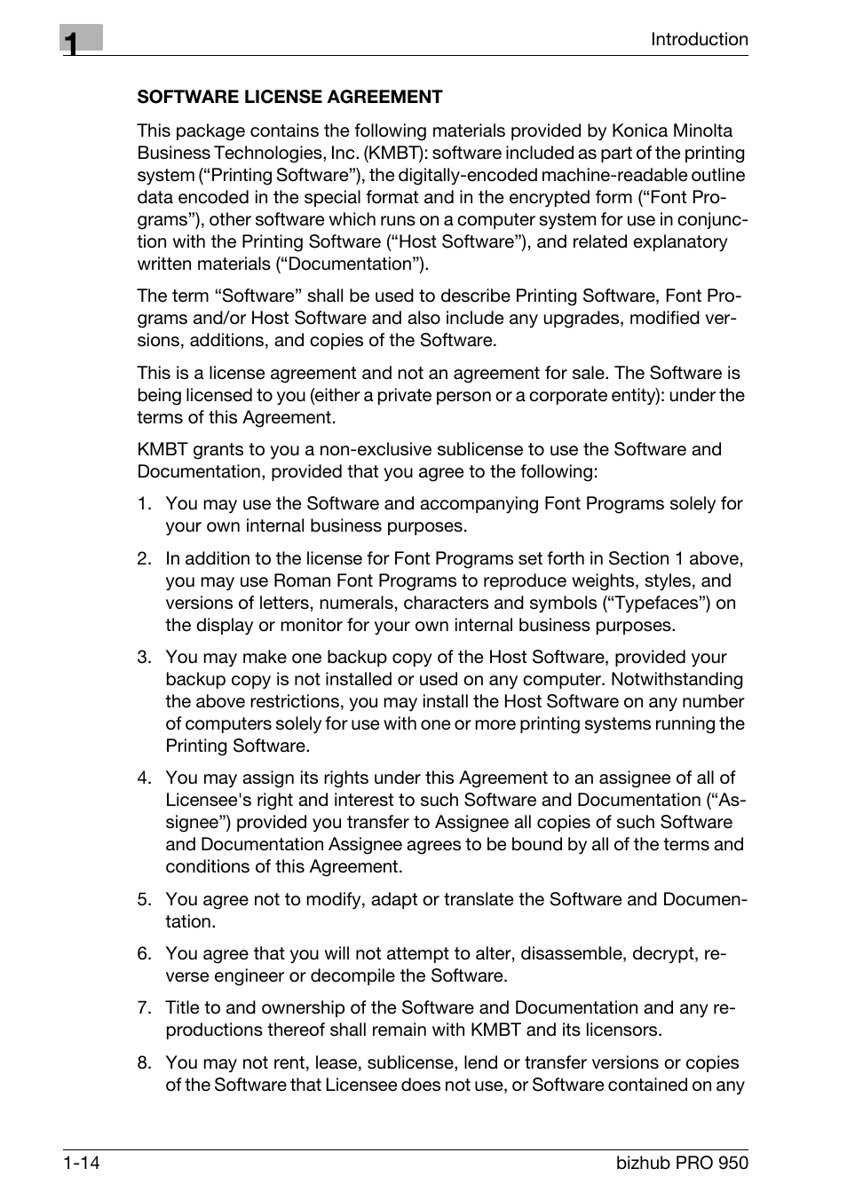 Software license agreement | Konica Minolta bizhub PRO 950 User Manual | Page 19 / 122