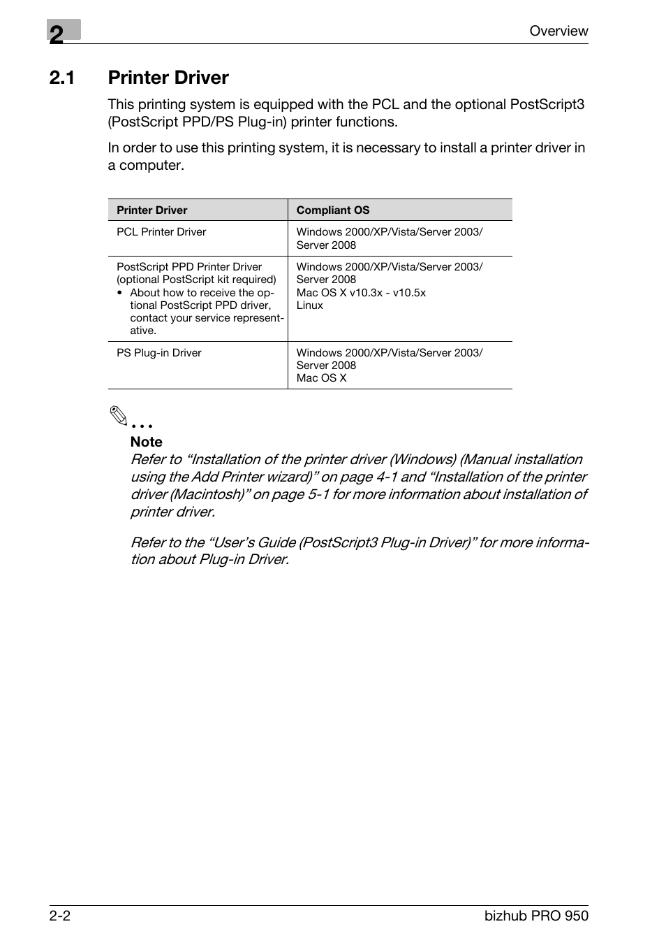 1 printer driver, Printer driver -2 | Konica Minolta bizhub PRO 950 User Manual | Page 23 / 122