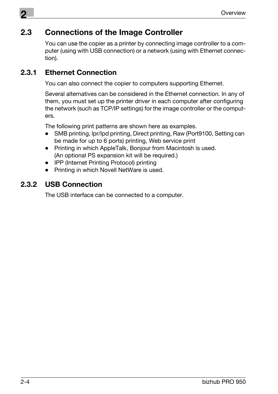 3 connections of the image controller, 1 ethernet connection, 2 usb connection | Connections of the image controller -4, Ethernet connection -4, Usb connection -4 | Konica Minolta bizhub PRO 950 User Manual | Page 25 / 122