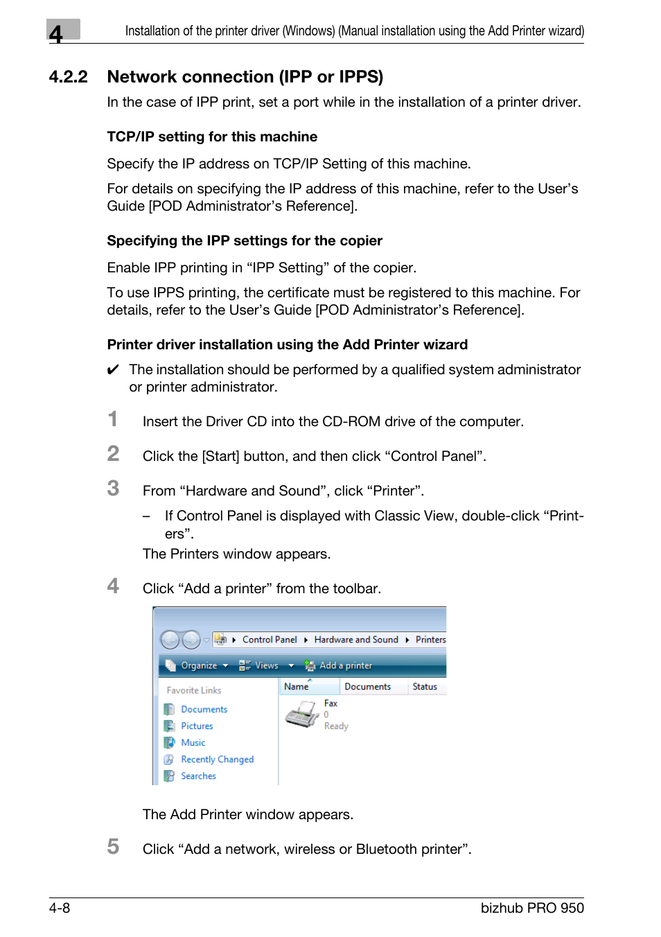2 network connection (ipp or ipps), Tcp/ip setting for this machine, Specifying the ipp settings for the copier | Network connection (ipp or ipps) -8 | Konica Minolta bizhub PRO 950 User Manual | Page 39 / 122