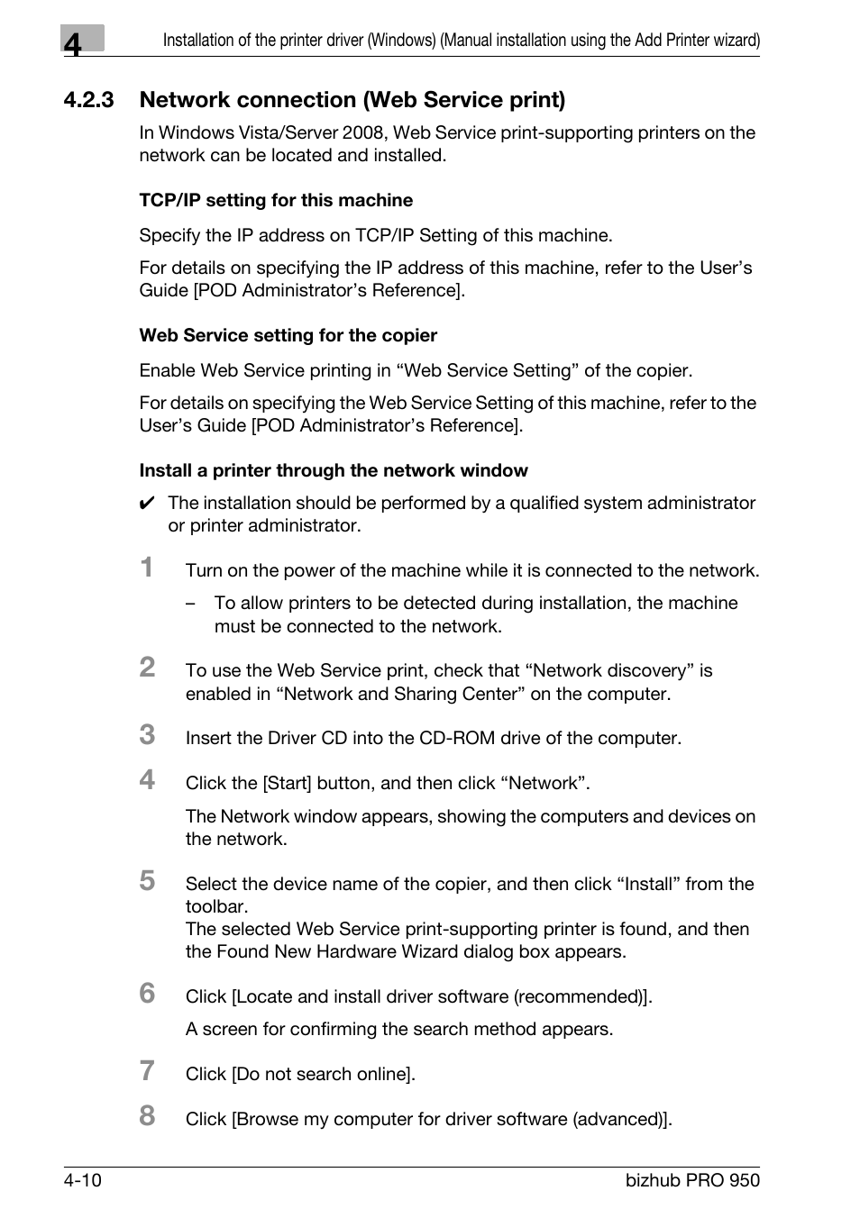 3 network connection (web service print), Tcp/ip setting for this machine, Web service setting for the copier | Install a printer through the network window, Network connection (web service print) -10 | Konica Minolta bizhub PRO 950 User Manual | Page 41 / 122