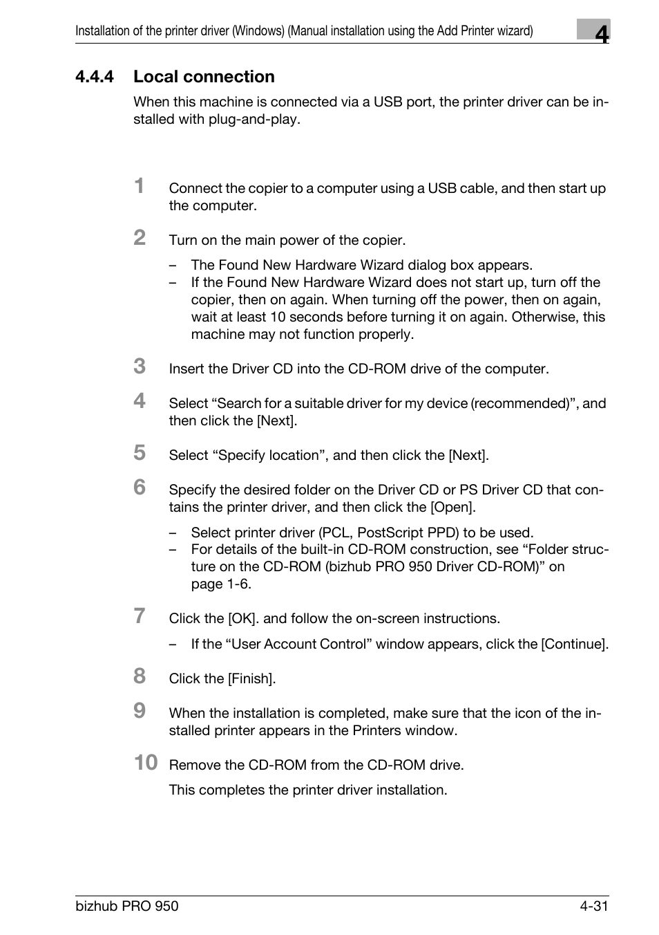4 local connection, Local connection -31 | Konica Minolta bizhub PRO 950 User Manual | Page 62 / 122