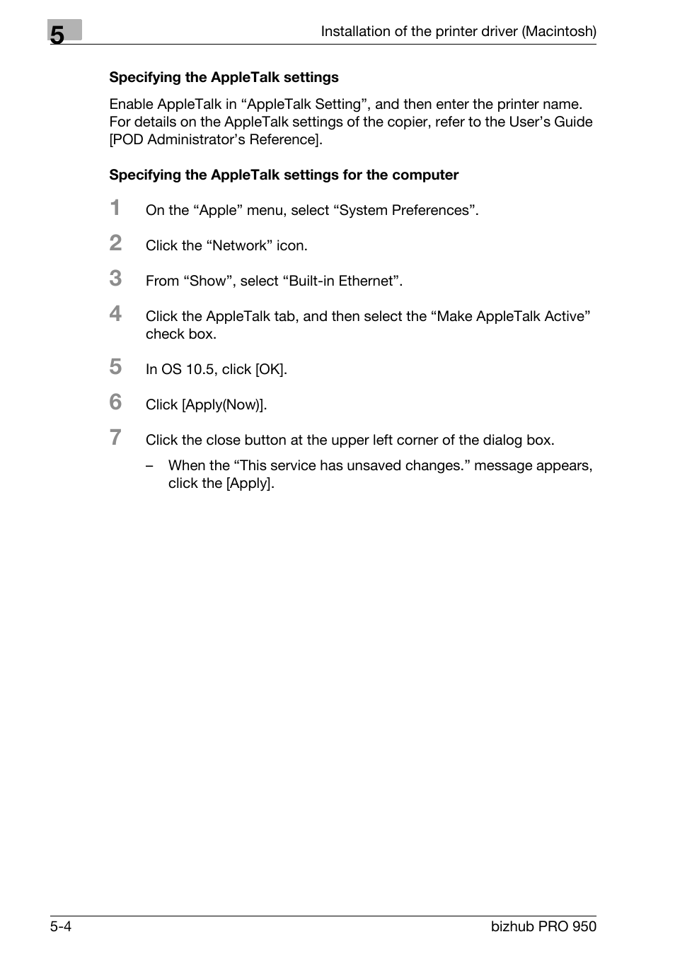 Specifying the appletalk settings, Specifying the appletalk settings for the computer | Konica Minolta bizhub PRO 950 User Manual | Page 67 / 122