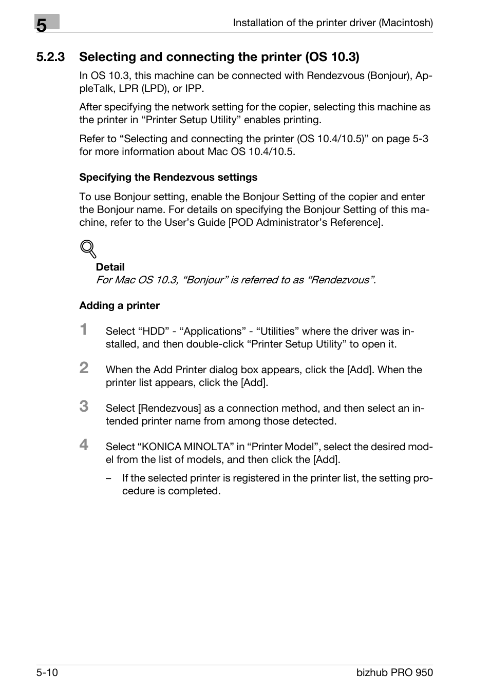 3 selecting and connecting the printer (os 10.3), Specifying the rendezvous settings, Adding a printer | Selecting and connecting the printer (os 10.3) -10 | Konica Minolta bizhub PRO 950 User Manual | Page 73 / 122