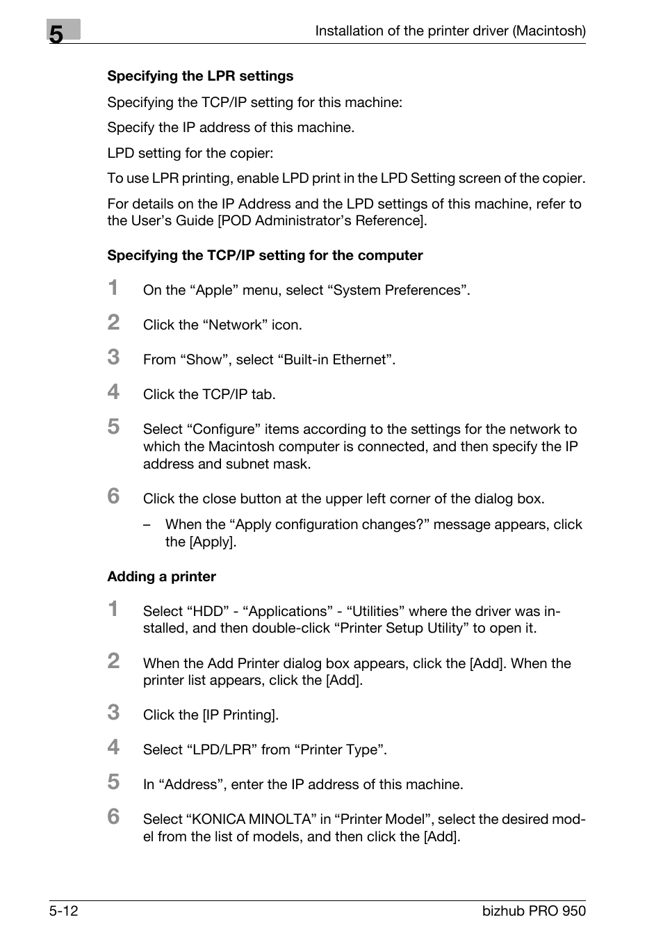 Specifying the lpr settings, Specifying the tcp/ip setting for the computer, Adding a printer | Konica Minolta bizhub PRO 950 User Manual | Page 75 / 122