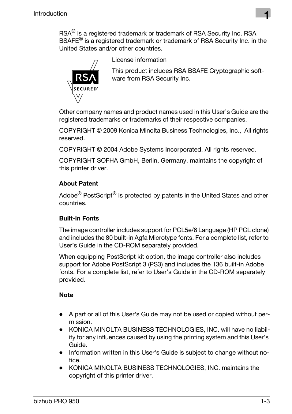 About patent, Built-in fonts, Note | Konica Minolta bizhub PRO 950 User Manual | Page 8 / 122