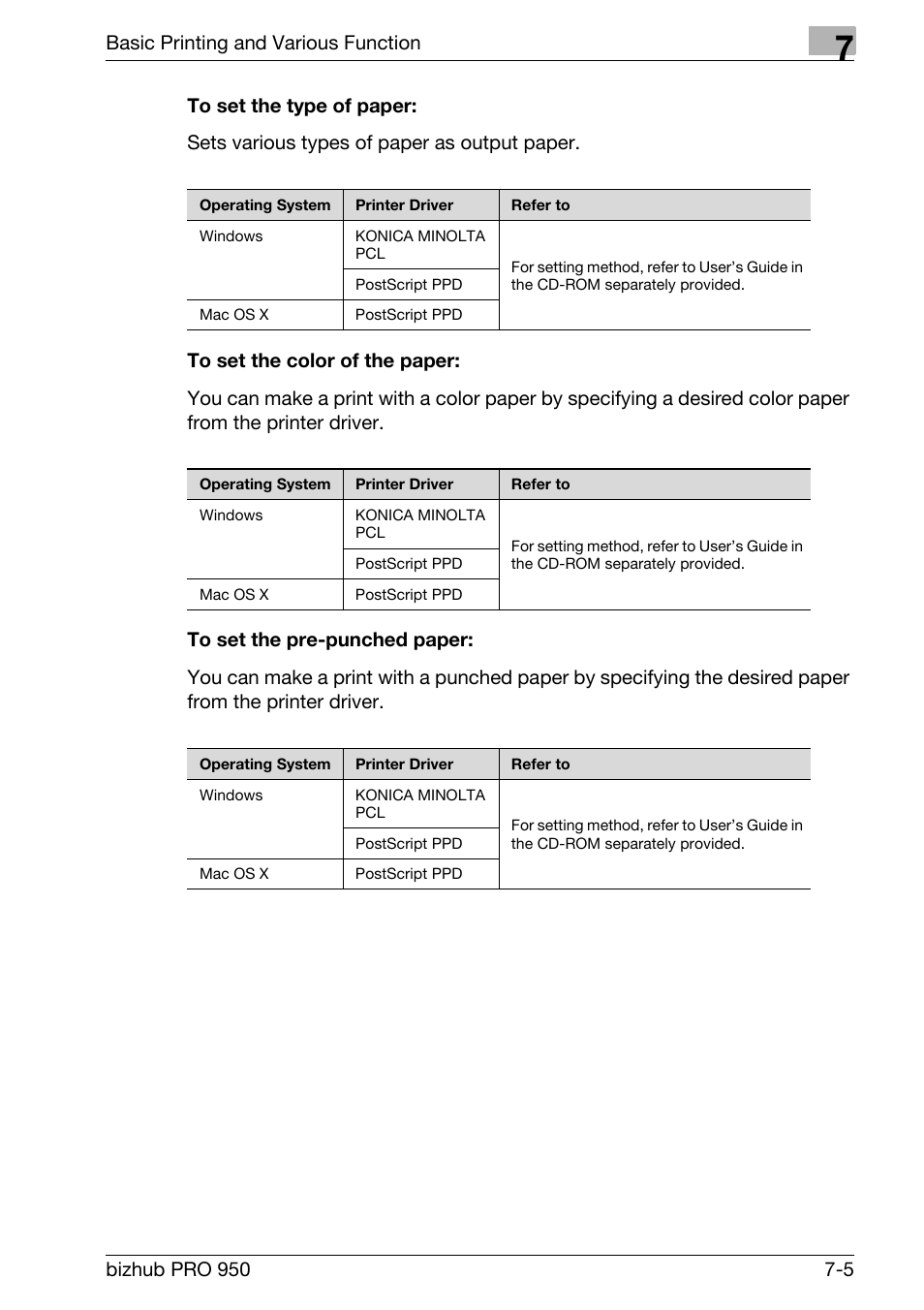To set the type of paper, To set the color of the paper, To set the pre-punched paper | Konica Minolta bizhub PRO 950 User Manual | Page 90 / 122