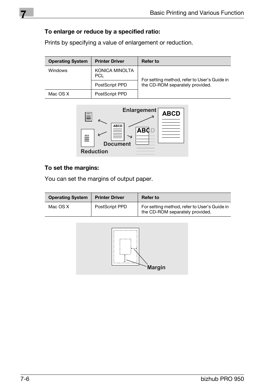 To enlarge or reduce by a specified ratio, To set the margins, Abcd | Konica Minolta bizhub PRO 950 User Manual | Page 91 / 122